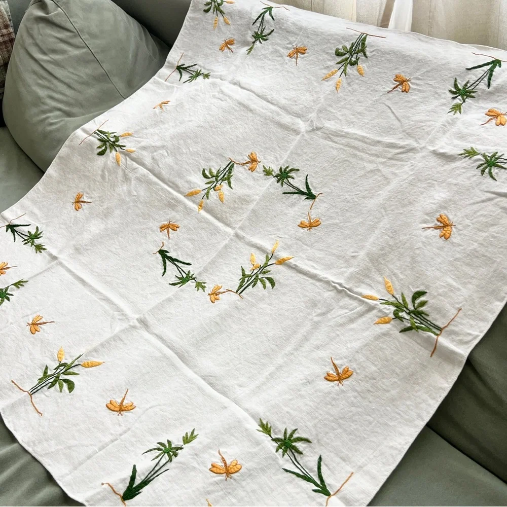 Vintage hand embroidered white linen tablecloth plants dragonflies green gold